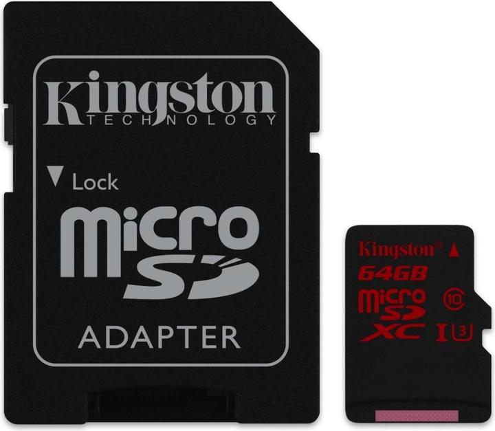 Kingston microSDXHC UHS-I avec adaptateur (64 Go, microSDXC, U3, UHS-I)