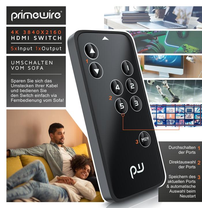 Image du produit Primewire Commutateur HDMI 2.0, commutateur HDMI Ultra HD 4K à 5 ports avec télécommande, répartiteur 5x
