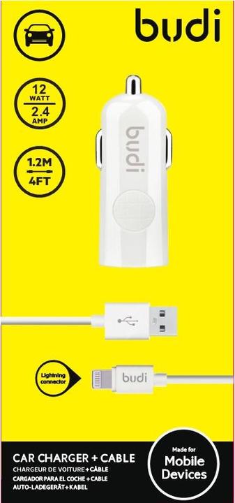 Image du produit Budi - Chargeur USB pour voiture + câble Lightning (Blanc) (1.20 m)