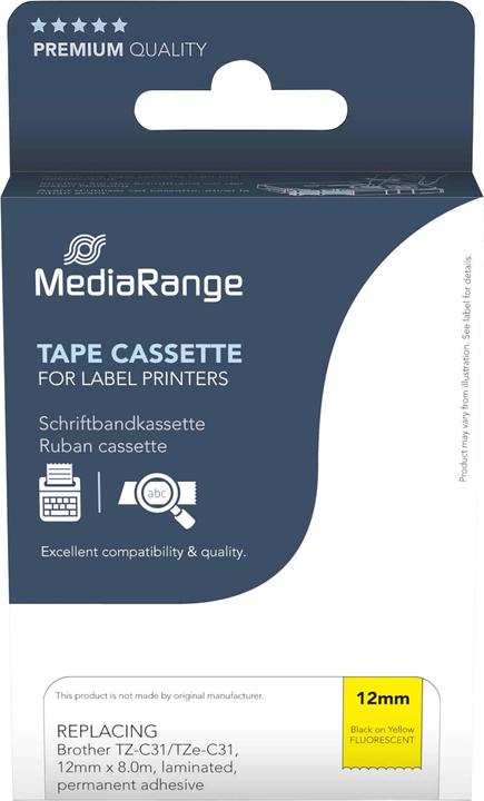 Produktbild MediaRange Schriftbandkassette schwarz auf signalgelb 5m x 12mm (1.20 cm, Gelb)