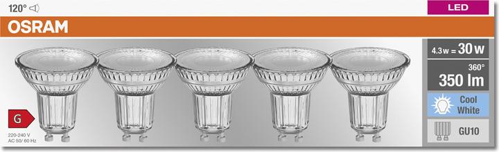 Productafbeelding Osram LED BASE PAR16 50 niet-dim 36° 4,3W/840 GU10 Box M5 (GU10, 4.30 W, 350 lm, 5 x, G)