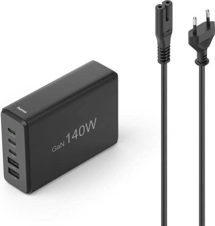 Actual product image Hama Charging station 5 ports, GaN, fast charger, 3xUSB-C, 2xUSB-A, PD, 140 W, SW (140 W)