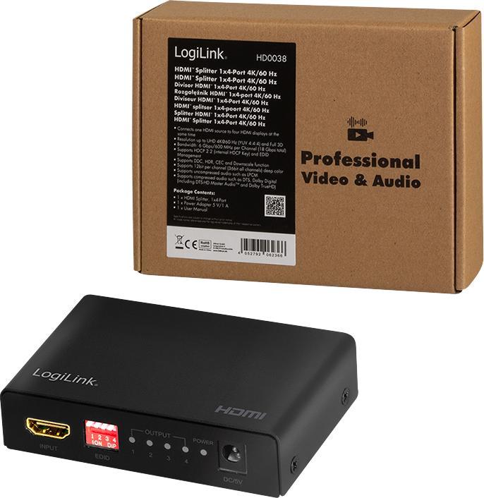 Produktbild LogiLink HD0038 HDMI Splitter 1x4-Port, 4K/60 Hz, HDCP, EDID, HDR, CEC, downscaler