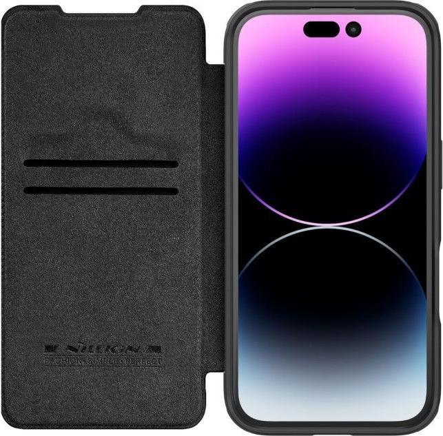 Produktbild Nillkin Qin Prop Leather Case with Camera Cover and Stand for iPhone 16 - Black (Apple iPhone 16)