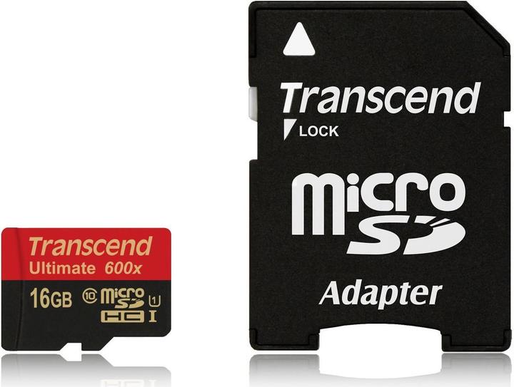 Actual product image Transcend microSDHC Ultimate 600x with adapter (16 GB, microSDHC, U1, UHS-I)