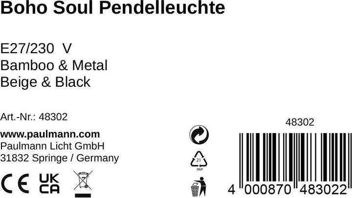 Nährwerte und Zutaten Pauleen Pendelleuchte Boho Soul E27, max. 20W, Beige/Schwarz (E27)