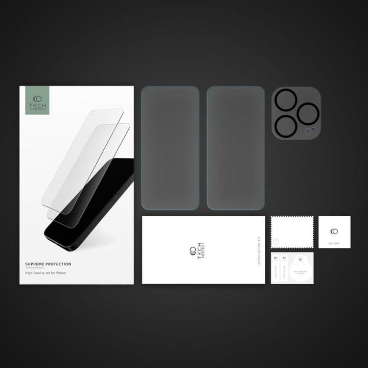Immagine prodotto Tech-Protect Set supremo per iPhone 15 Pro 2x vetro temperato per il display / vetro temperato per la fotocamera (1 Pezzo/i, Apple iPhone 15 Pro)