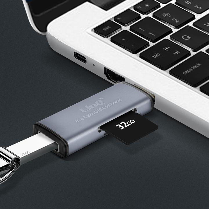 Actual product image LinQ 2-in-1 Lightning / USB plug SD / Micro-SD card reader, - Grey (Lightning, USB)