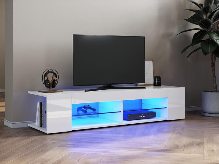 Produktbild SONNI TV-Lowpanel, TV-Schrank, TV-Tisch 135x39x30cm weisser Hochglanzschrank mit LED-Beleuchtung, Gla (135 x 39 x 30 cm)