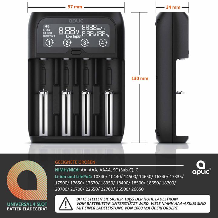 Actual product image Aplic Battery Charger 2000mA, Universal Battery Charger for Li-ion, Ni-MH, Ni-Cd, LiFePo4 Batteries (14500, 17500, 18500, 18650, 20700, 21700, 22650, 26500, 26650, C, A, AAA, AA, Chargers without battery)