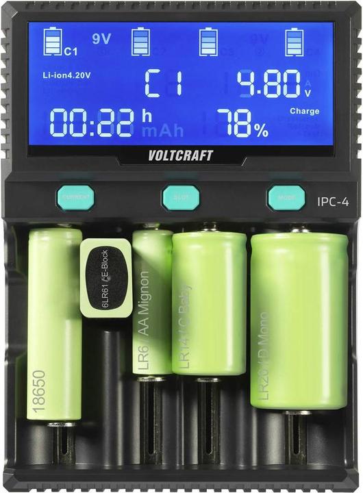Produktbild Voltcraft IPC-4 Rundzellen-Ladegerät LiIon, LiFePO, NiMH, NiCd, LiFePO4 A, Mignon (AA), Micro (AAA) (1 Stk., 10440, 14500, 16340, 17335, 17500, 17670, 18490, 18650, 21700, 22650, 26500, 26650, 32650, AAA, A, AA, Sub-C, Ladegerät ohne Akku)