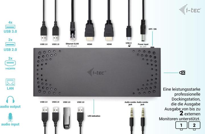 Actual product image i-tec USB 3.0 / USB-C / Thunderbolt Dual Display Docking Station + Power Delivery 100W (USB-C, 12 Ports)
