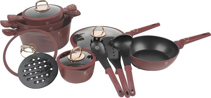 Produktbild BerlingerHaus Kochset inkl. Kochbesteck & Untersetzer, 15-teilig, bordeaux (24 cm, Pfannenset + Topfset, Aluminium)