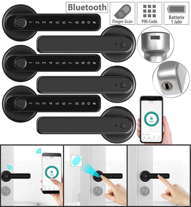 Produktbild VisorTech Türbeschläge mit Fingerabdruck-Scanner, PIN & App, 3er Set (Türgarnitur)