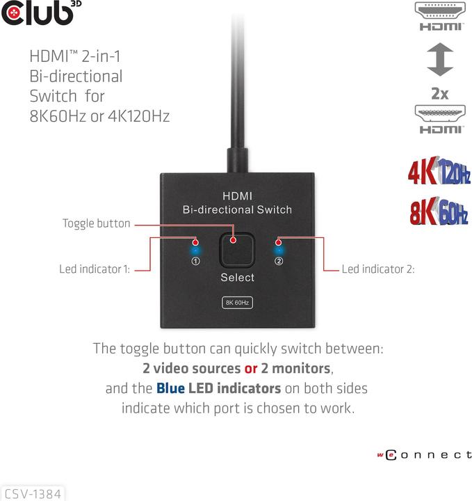 Immagine prodotto Club 3D Club3D Switch HDMI 2-in-1 bidirezionale 8K60Hz/4K120Hz UHD al dettaglio