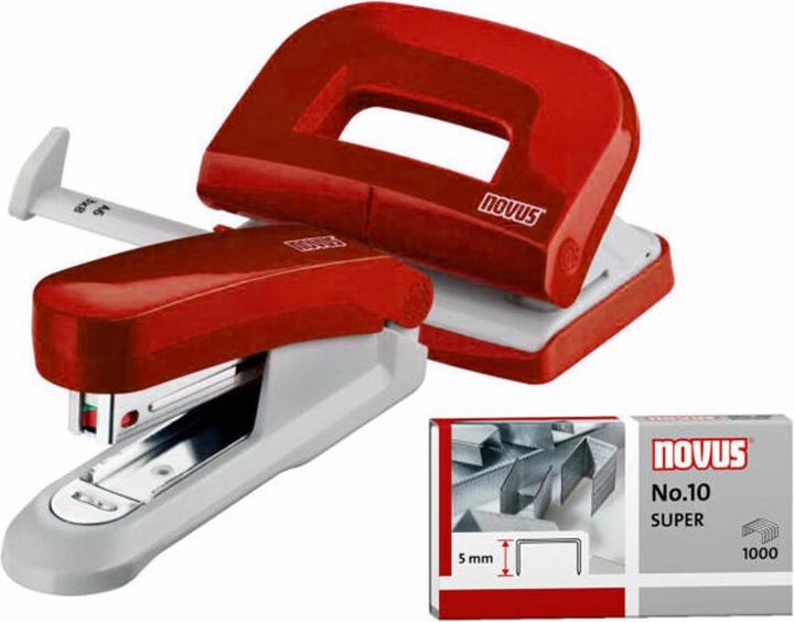 Produktbild Novus Schreibtisch Set (Heftgerät E 15 mit Locher E 210, inkl. 1000 Heftklammern No. 10) rot (15 Blätter)