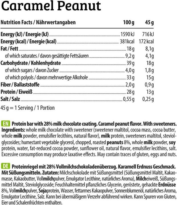 Valori nutrizionali e ingredienti HEJ Nutrition HEJ Barretta proteica croccante (45g) (Caramello e arachidi, 1 pz., 45 g)
