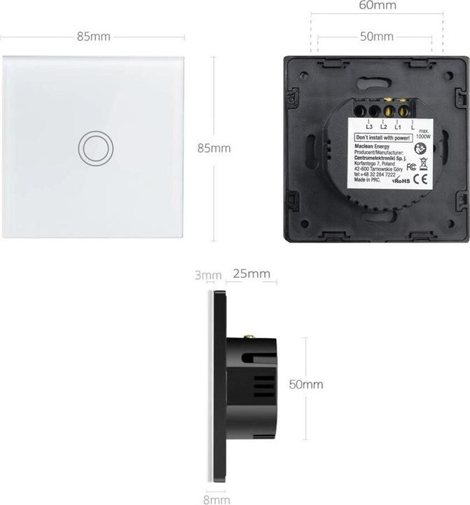 Actual product image Maclean Touch light switch, double, glass, white with square button Energy
