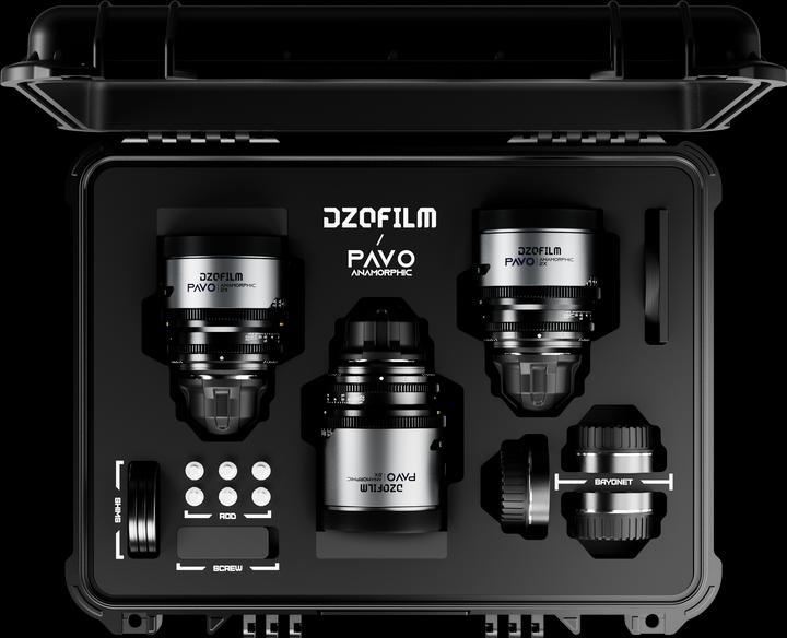 Produktbild Dzofilm Pavo 2x Anamorphic 3-Lens Kit (32/55/100mm T2.1/T2.4) for PL/EF Mount (S35) imperial - Blue (PL, C-Mount)