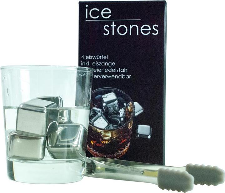 Actual product image Novidarte ICE STONES Reusable ice cubes/whiskey stones made of stainless steel, 4 pcs incl. ice tongs (Whisky stones)
