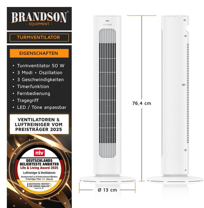 Actual product image Brandson Turmventilator, Fernbedienung, sehr leise, Oszillation, 3 Modi, Timer, 50 W, Standventilator 76cm (48 dB)