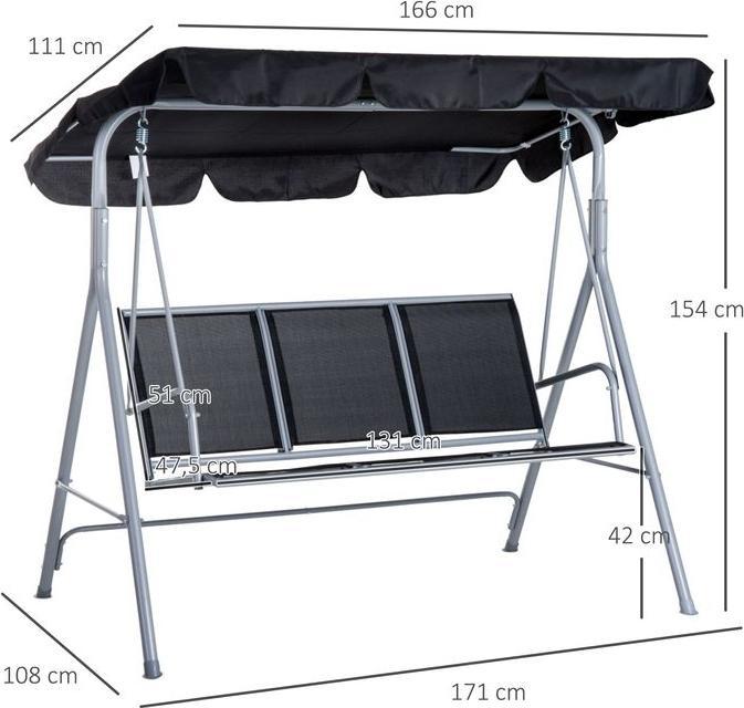 Image du produit Swisshandel24 Hollywoodschaukel 3-Sitzer Gartenschaukel Schaukelbank mit Dach Metall Schwarz+Silber 171 x 108 x 15