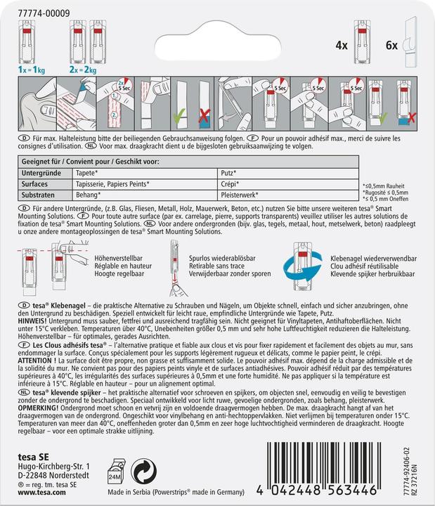 Produktbild tesa Klebenagel für Tapete & Putz, 1kg Halteleistung, höhenverstellbar, spurlos ablösbar