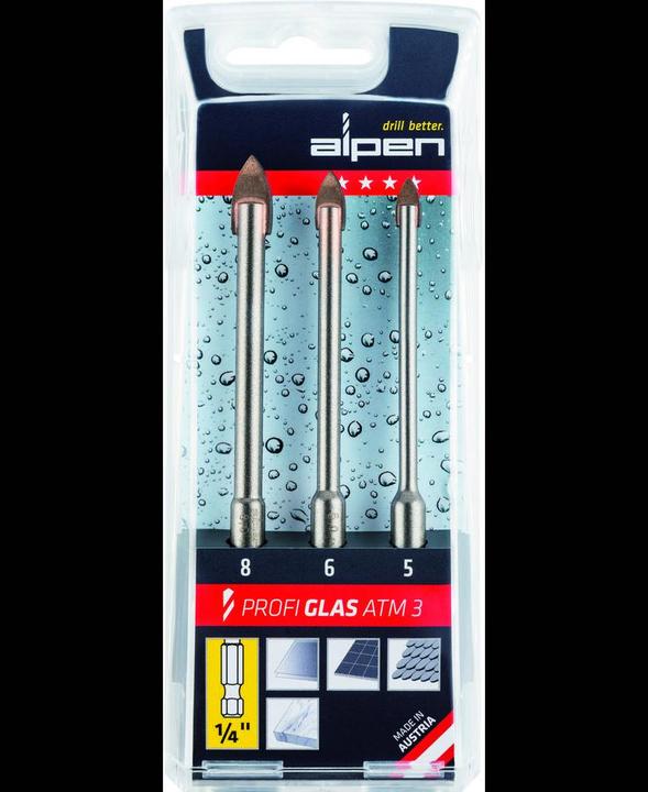 Image du produit Alpen Set de 3 pièces. Foret à verre avec ATM-3 Plaque widia professionnelle en verre (6 mm, 5 mm, 8 mm)