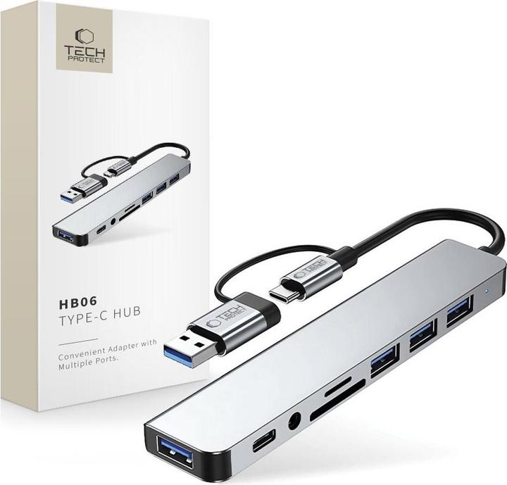 Produktbild Tech-Protect HB06 HUB Adapter 8in1 TYPE-C + USB2.0 + USB3.0 + SD/TF + AV3.5 - gray (USB-C, 8 Ports)