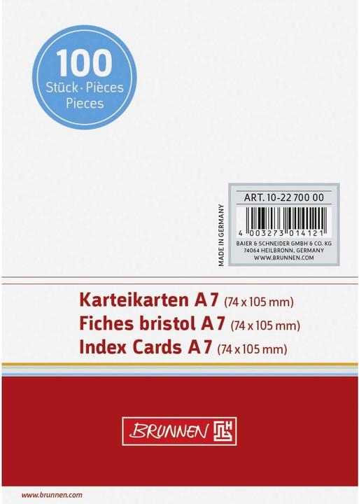 Index cards A7 unruled (A7, 180 g/m², 100 x)