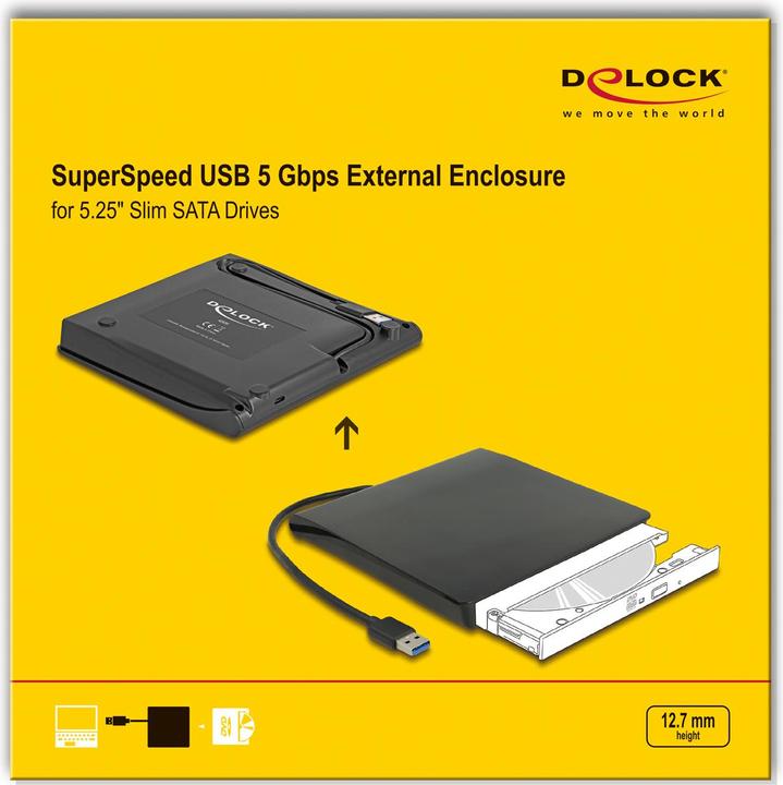 Produktbild Delock Externes Gehäuse für 5.25" Slim SATA Laufwerke 12,7 mm zu SuperSpeed USB 5 Gbps Typ-A Stecker (5.25")