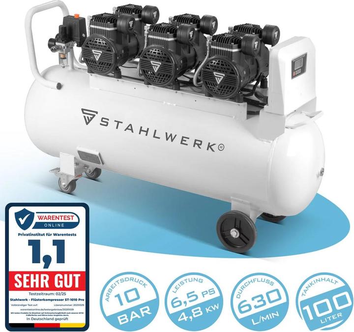 Produktbild Stahlwerk Kompressor ST-1010 Pro 10 bar, 6,5 PS, 4,8 kW, 630 l/min, 100 l Tank (10 Bar, 100 l)