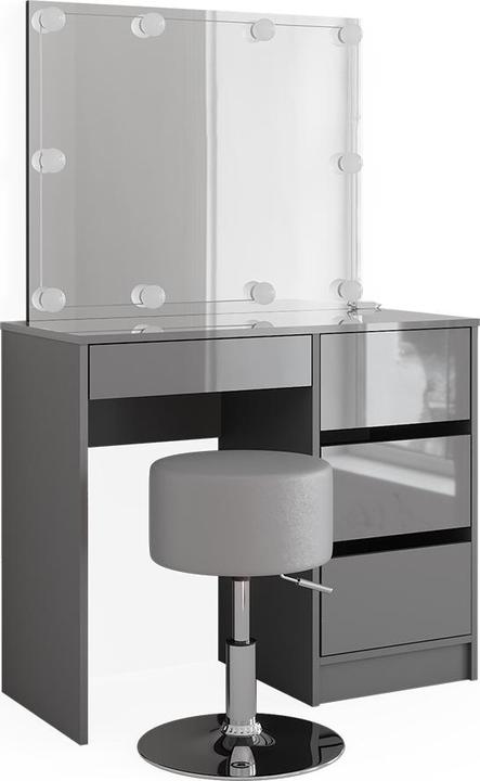 Tischplatte: Grau, Korpus: grau, matt Front, hochglänzend Einlegeboden: Weiss Spiegel: Weiss Hocker: Grau LED-Lichterkette: Weiss