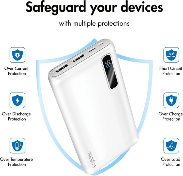 Produktbild LogiLink Powerbank 10000 mAh, 2x USB-A, 2-in-1 Kabel, mit Display, weiss (10000 mAh)