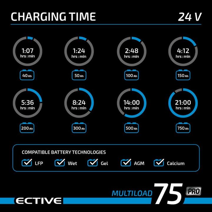 Immagine prodotto Ective Caricabatterie Multiload PRO 12V 75A e 24V 37A per batterie gel AGM LiFePO4 (12V, 24V, 75 A)