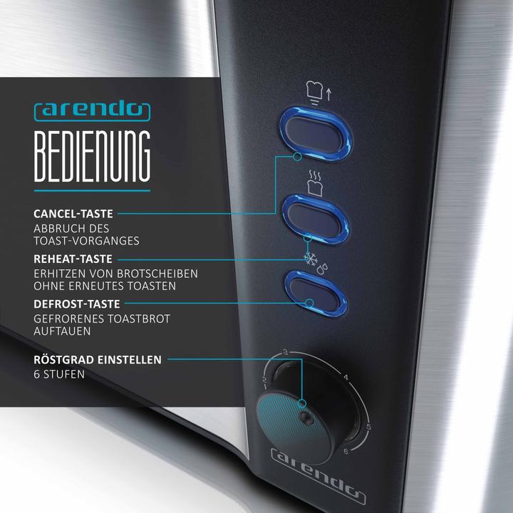 Produktbild Arendo Edelstahl Toaster 4 Scheiben Langschlitz, Doppelwand, Brötchenaufsatz, Display mit Restzeitanzeige