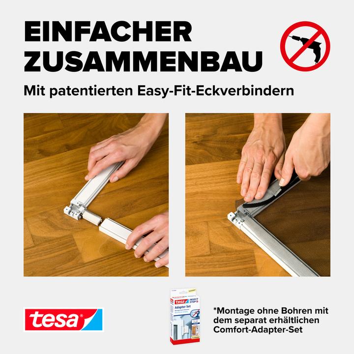Produktbild tesa Insektenschutz Alu COMFORT für Fenster, mit Rahmen aus Aluminium, ohne Bohren (100 x 120 cm)