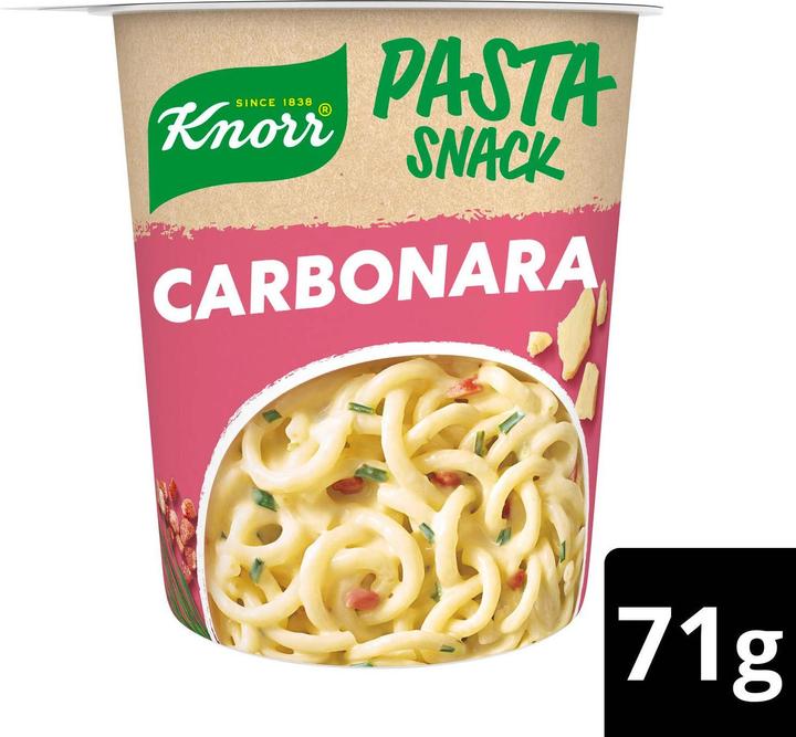 Produktbild Knorr Pasta Snack Carbonara Becher, Teigwaren mit cremiger Sauce & Speck, in 5 Minuten zubereitet (88 g)