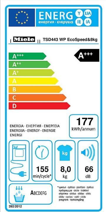 Energy Label Miele TSD443WP EcoSpeed&8kg (8 kg, Left)