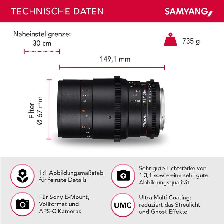 Actual product image Samyang 100mm T3.1 Sony E-Mount (Sony E, full size)