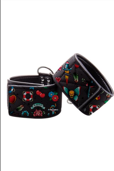 Actual product image Ouch! Printed Hand Cuffs - Old School Tattoo Style