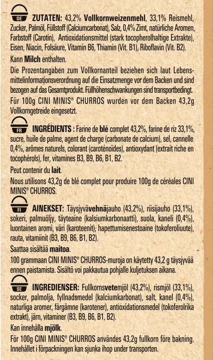 Nährwerte und Zutaten Cini Minis Churros Cerealien (360 g)