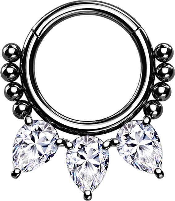 Star Piercing Micro Segmentring klappbar schwarz Kugeln und drei tropfen Kristalle (Chirurgenstahl 316L, ohne Messing)