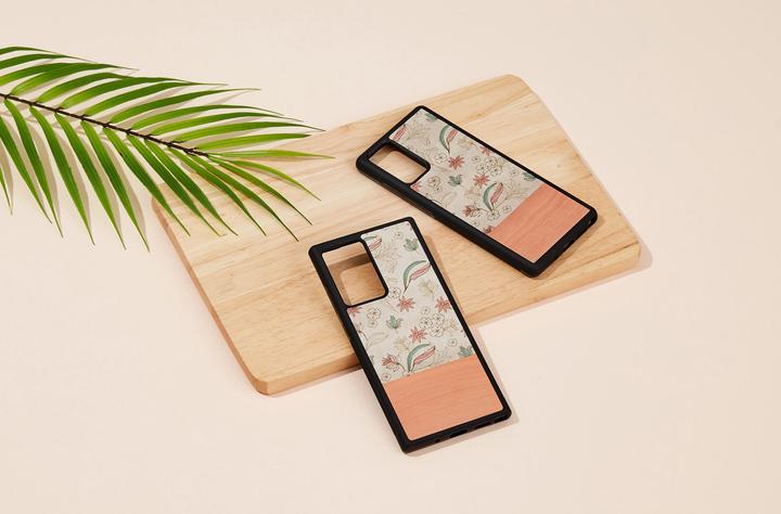 Actual product image Man.Wand &WOOD case for Galaxy Note 20 Ultra pink flower juodas (Samsung Galaxy Note 20 Ultra)