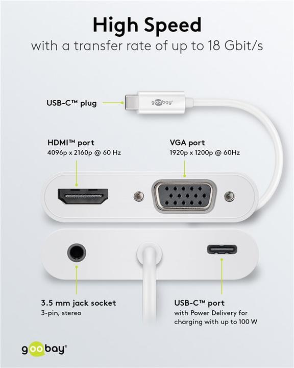 Actual product image Goobay USB-C™ Multiport Adapter HDMI™+VGA+PD 100 W, 1pcs. in polybag, White (HDMI, VGA)