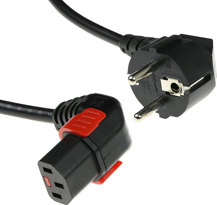 Actual product image Iec Lock 230V Powercord CEE 7/7 male(angled) to C13 (down angled) lockable, black, 1 meter (1 m)
