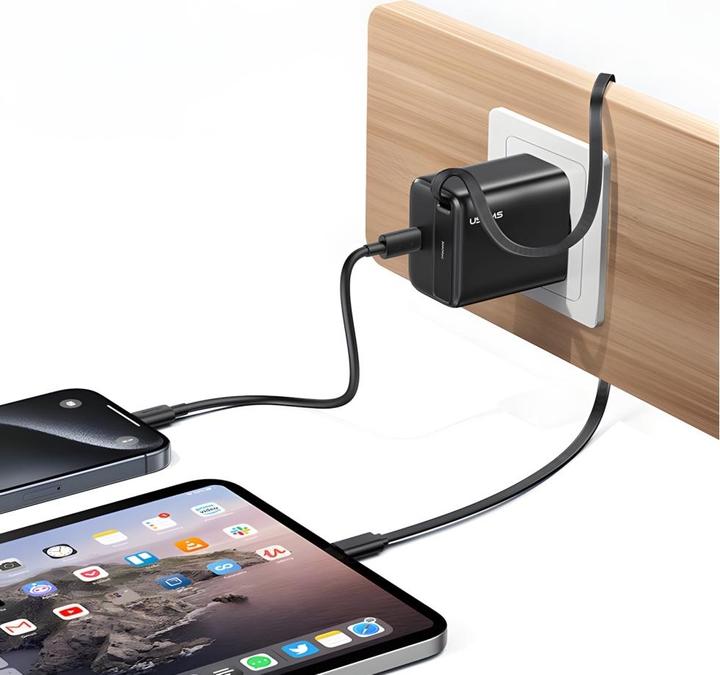 Immagine prodotto Usams Ład. siec. 1xUSB-C ze zwijanym kablem USB-C Retractable PD+QC 30W Gan Fast Charging czarny/bla (30 W)