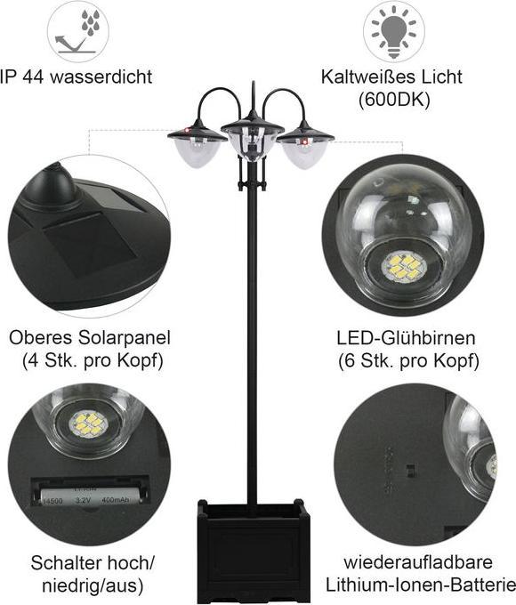 Image du produit Swisshandel24 Lampe solaire de jardin Lampe à 3 têtes avec base de pot de fleurs Étanche Acier inoxydable 60 x 55 (IP44)