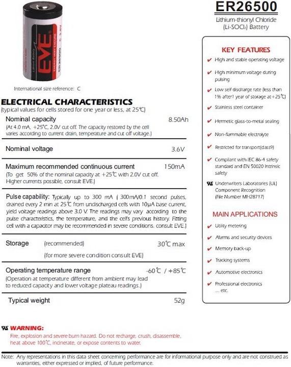 Actual product image Eve Batterie Battery ER26500, C Size Bobbin ER 26500 (1 pcs., C, 9000 mAh)