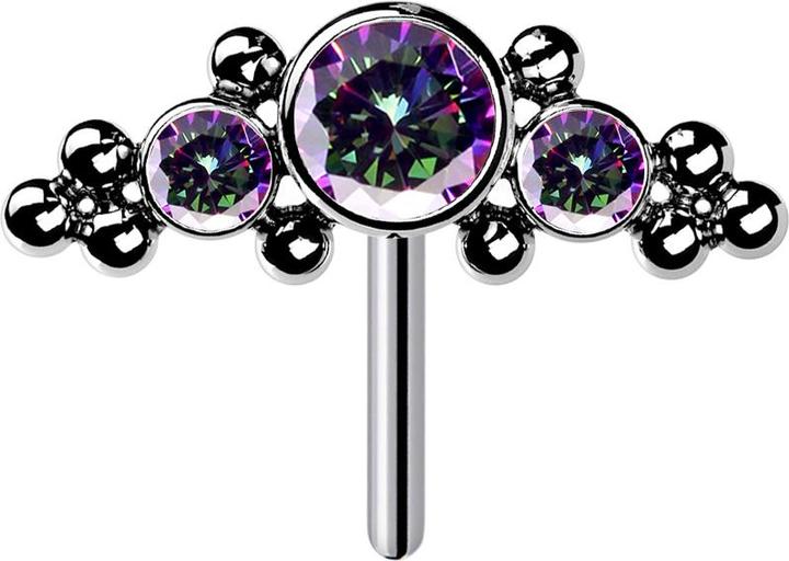 Produktbild Star Piercing Threadless silber front mittig mit Kugeln und drei Kristalle dunkel multicolor (ohne Messing, Titan G23)